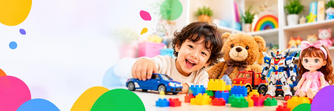 Anak bermain dengan mainan di ruang bermain penuh warna